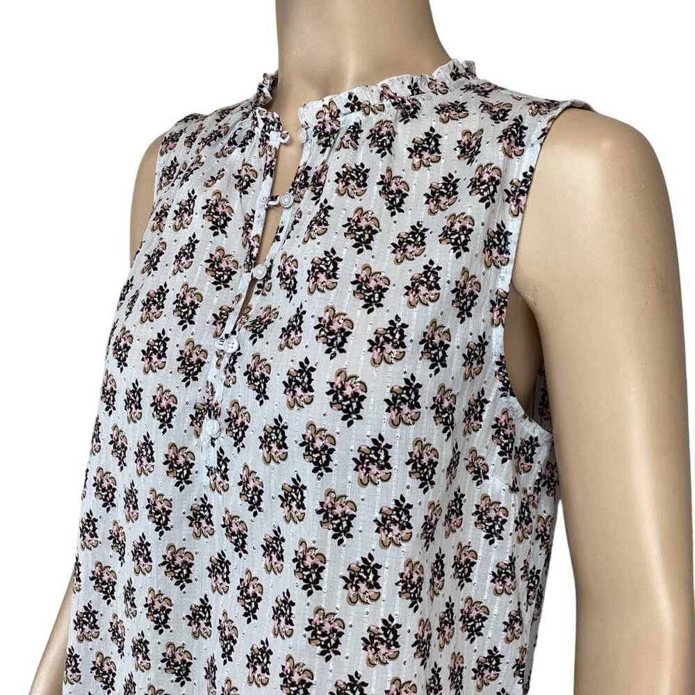 Talbots Top‎ Size Small Sleeveless Floral Metallic Ruffle Neck Button Down - Picture 5 of 8